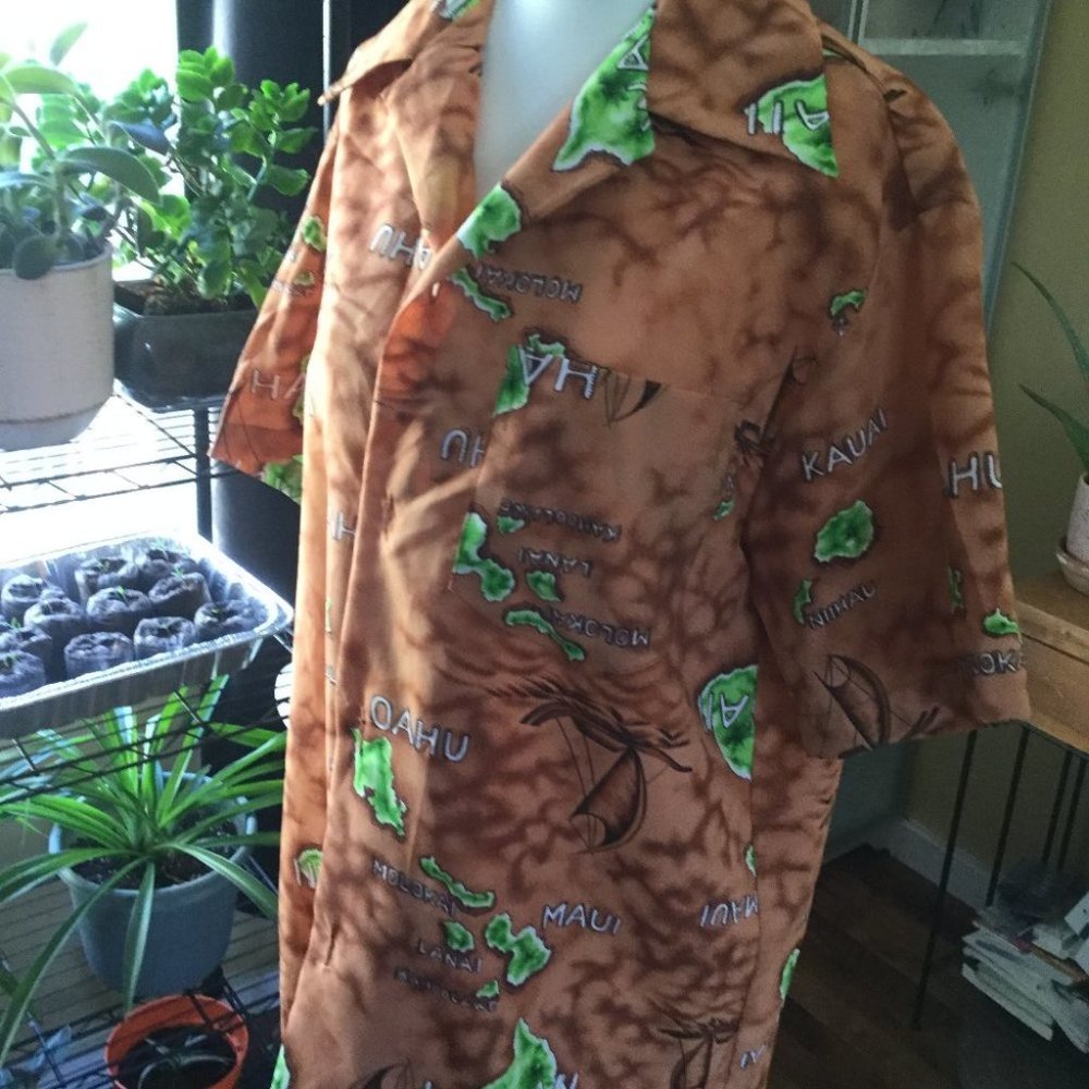 vintage Men's Hawaiian Shirt size medium tan and green
